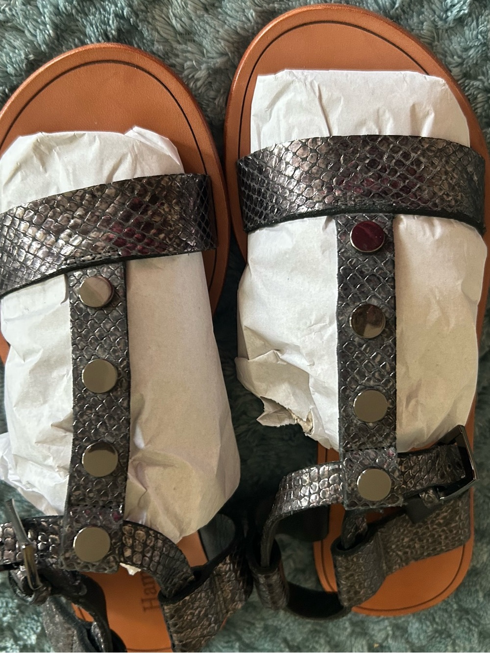 Hammitt Metallic Snake-Print Studded T-Strap Sandals - Silver